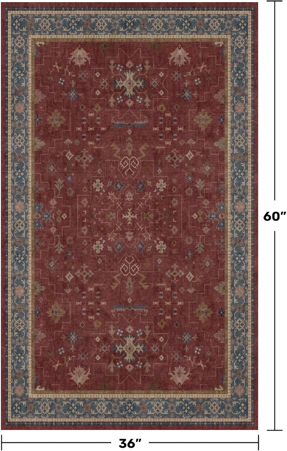 Regine Switzerland Washable 3x5 Entryway Rug - Burgundy Non-Slip Bohemian Carpet for Indoor Use