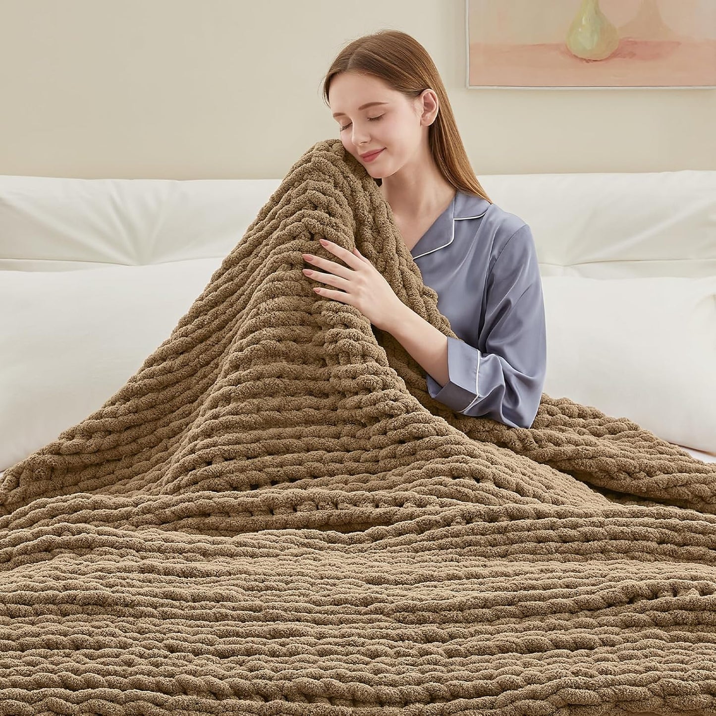 Negwoo Chunky Knit Throw Blanket - Handmade Light Brown Chenille Yarn | 40'' x 50'' Cozy Decor