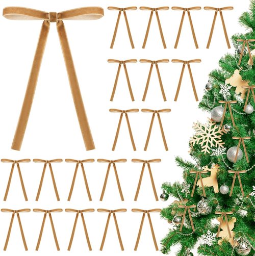 Flasoo Velvet Christmas Tree Bows - 40 Clip-On Ornaments in Khaki | 5" x 7" Size, 3/8" Width