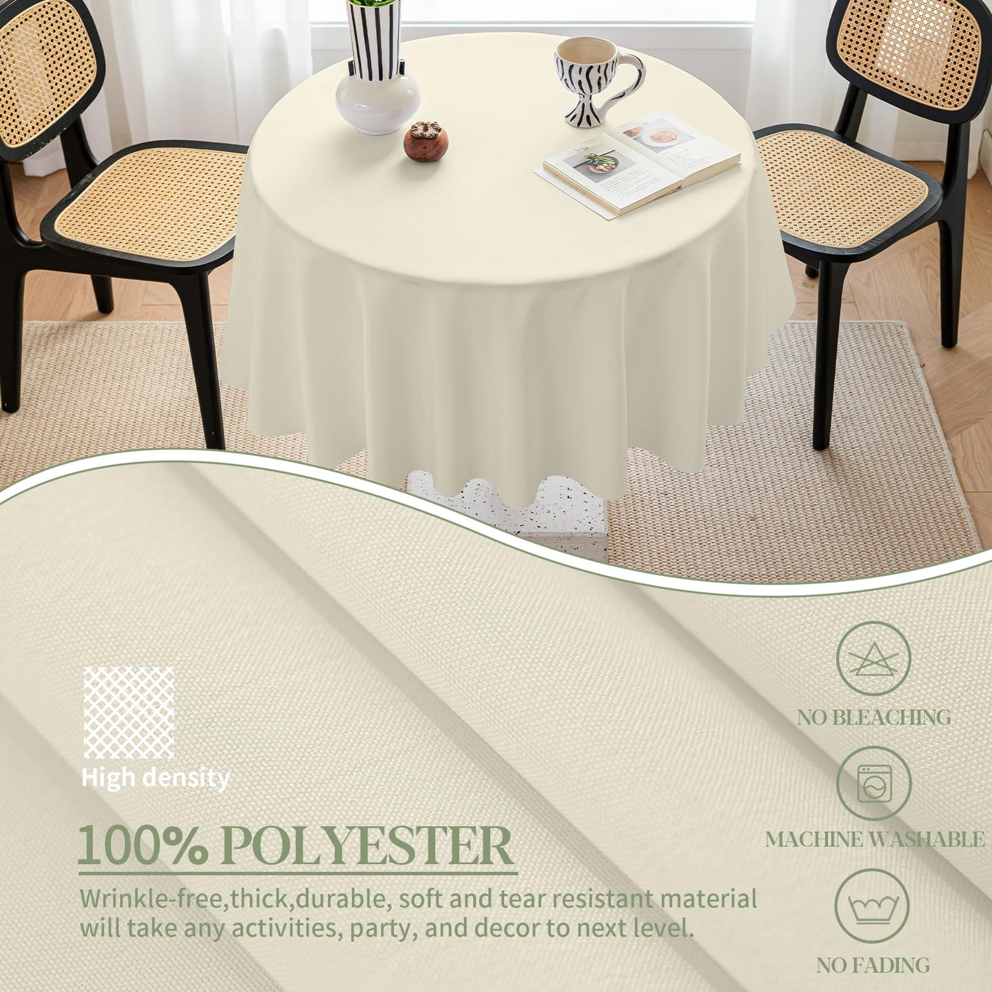 BYDOLL Table Cloth Round 48 Inch Tablecloth Fits Max38 Inch Diameter Top,Beige Washable Outdoor Winkle and Stain Resistant Spillproof Polyester Tablecloths for Round Tables Party Cover