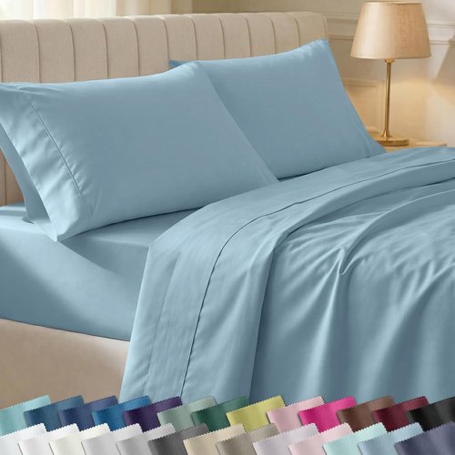 California Design Den 100% Cotton Bed Sheets Set - Silky Smooth, 400 Thread Count, Full Size - Sky Blue
