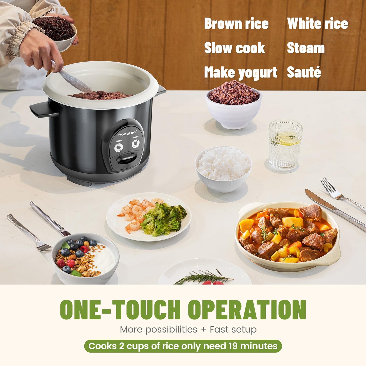 MOOSUM 3-Cup Uncooked Rice Cooker Small - Ceramic Coating Non-Toxic Inner Pot, One-Touch Multifunction for Rice/Sauté/Yogurt, Dishwasher Safe, 1-3 People Size, Black
