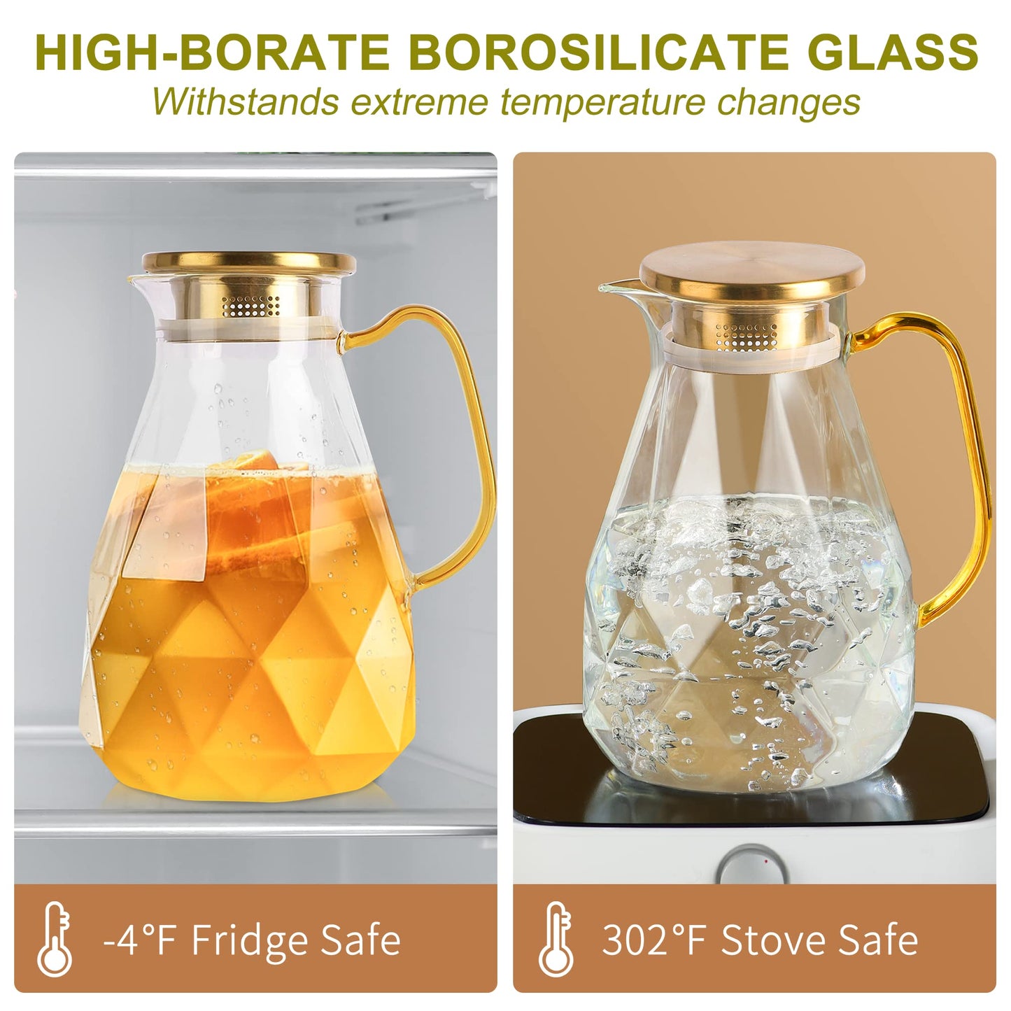 Yirilan Glass Pitcher, 2.2 Liter Water Pitcher With Lid,Iced Tea Pitcher for Fridge,Carafe With Lid, Glass Water Jug For Juice, Milk, Cold Or Hot Beverages, 2 Quart