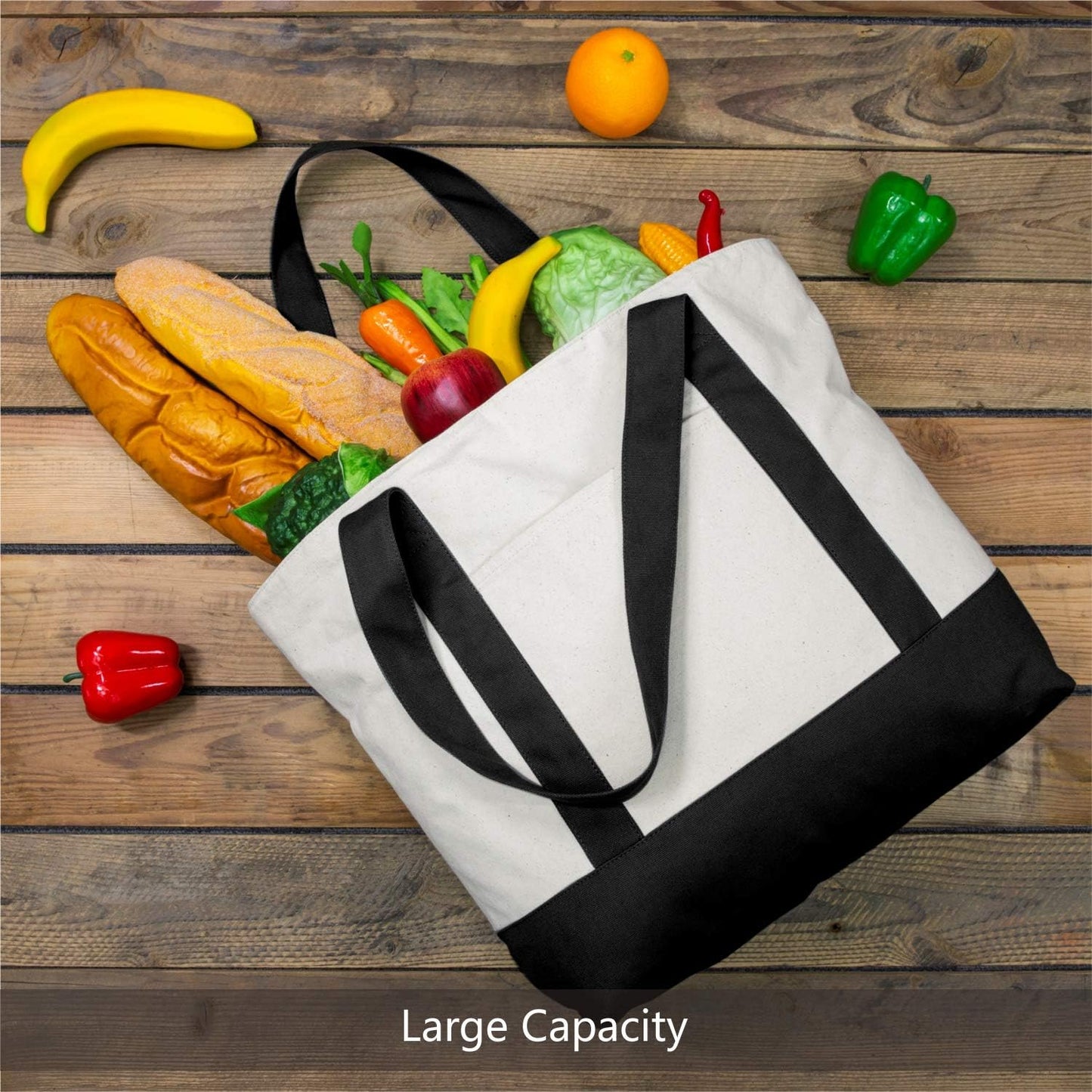 TOPDesign Canvas Tote Bag - Reusable Grocery Shopping Bag with External Pocket, Zipper Closure | Black/Natural, Pack of 1