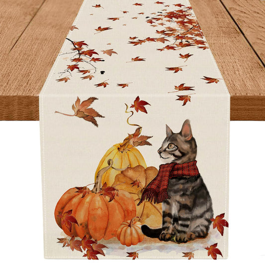 Fall Table Runner Pumpkins Cat Maple Leaf Autumn Harvest Seasonal Thanksgiving Decorations for Home Kitchen Dining Room Party Decor 13 x 90 Inch