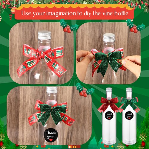 Baderke 6 Sets Christmas Plastic Wine Bottles 750ml with Caps Thank You Stickers Christmas Botellas Para Coquito Bottles Holiday Xmas Empty Brewing Wine Bottle for Kitchen Bar Party New Year(Classic)