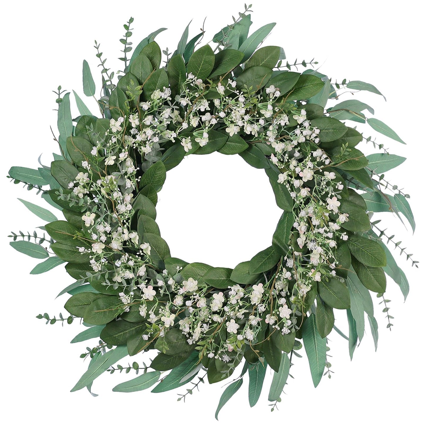 26'' Eucalyptus and Babys Breath Flowers Wreath for Front Door - Large Artificial Greenery Outdoor Wreath for Porch,Window,Farmhouse,Home,Hanging Decor- Spring, Summer, All Seasons (Green-White)