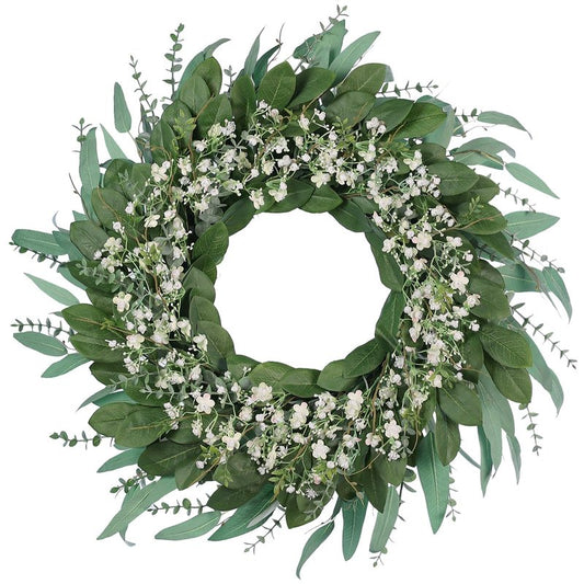 26'' Eucalyptus and Babys Breath Flowers Wreath for Front Door - Large Artificial Greenery Outdoor Wreath for Porch,Window,Farmhouse,Home,Hanging Decor- Spring, Summer, All Seasons (Green-White)