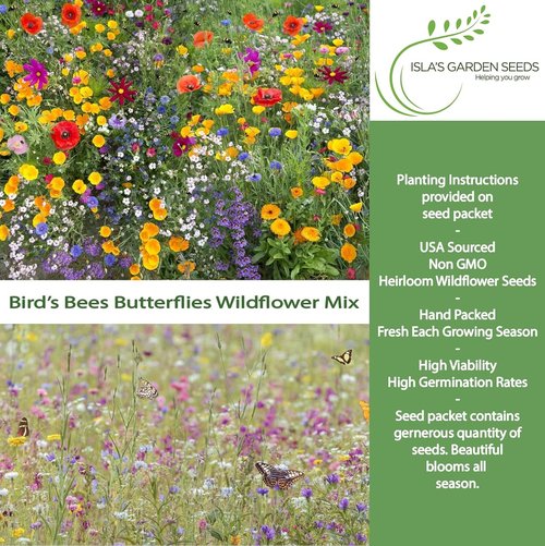 Isla’s Garden Seeds Wildflower Mix – 500+ Non-GMO Heirloom Seeds for Colorful Pollinator Gardens