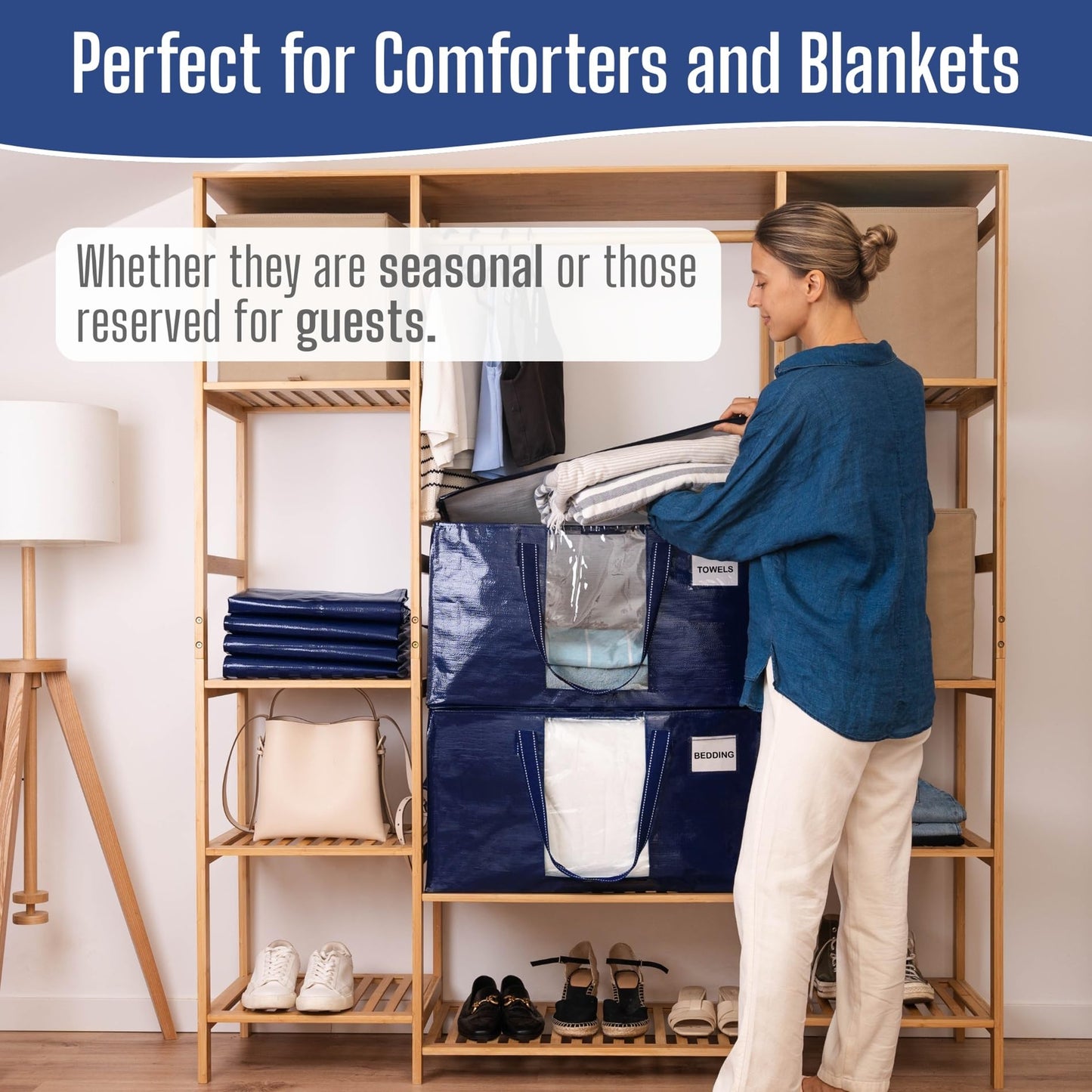 VENO 8 Pack Heavy Duty Moving Bags, Clothes and Comforter Storage Bags with Clear Window, College Dorm Essentials Packing Supplies, Foldable Boxes Alternative (Blue, 8 Pack)