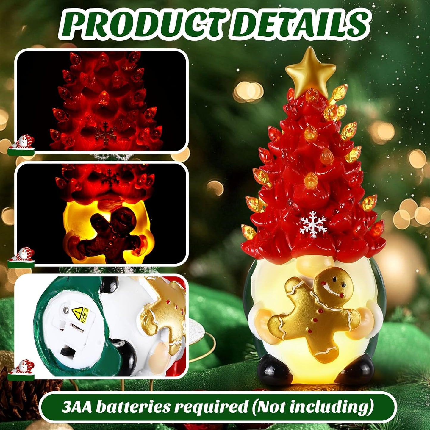 Riakrum Gnome Christmas Tree Decor - Lighted Gingerbread Man & Snowflakes | 6.5” Resin Figurines for Indoor Centerpieces