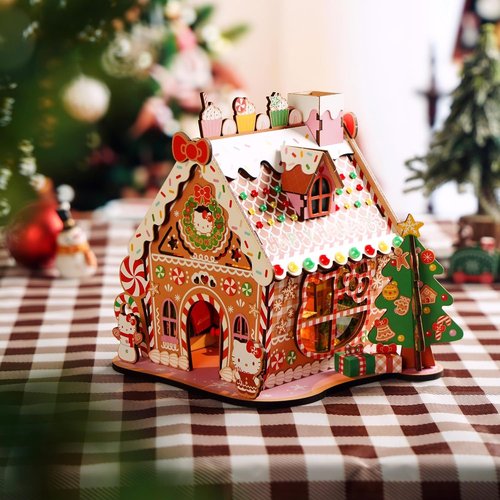 Hands Craft Hello Kitty Gingerbread House Kit - DIY Wooden 3D Puzzle for Holiday Decor | Fun Craft for Ages 14+