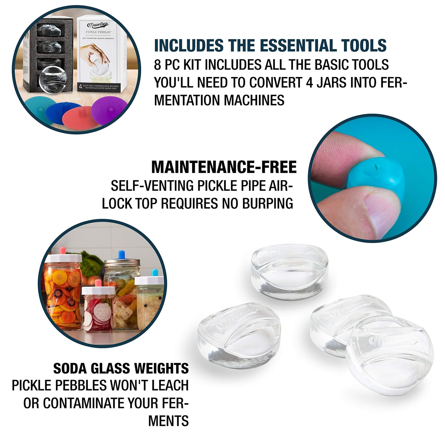 Masontops 8 PC Pickle Pebbles Glass Weight & Pickle Pipes Airlock Kits - Small Regular Mouth Lid For Pickling & Canning
