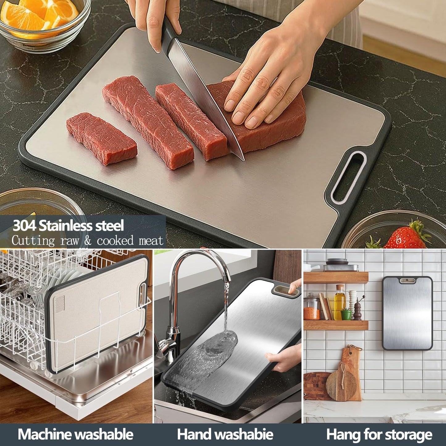Stainless Steel Cutting Board - Double-Sided 304 Stainless & Wheat Straw | Non-Slip, Easy to Clean, Dishwasher Safe (16 x 11 In)