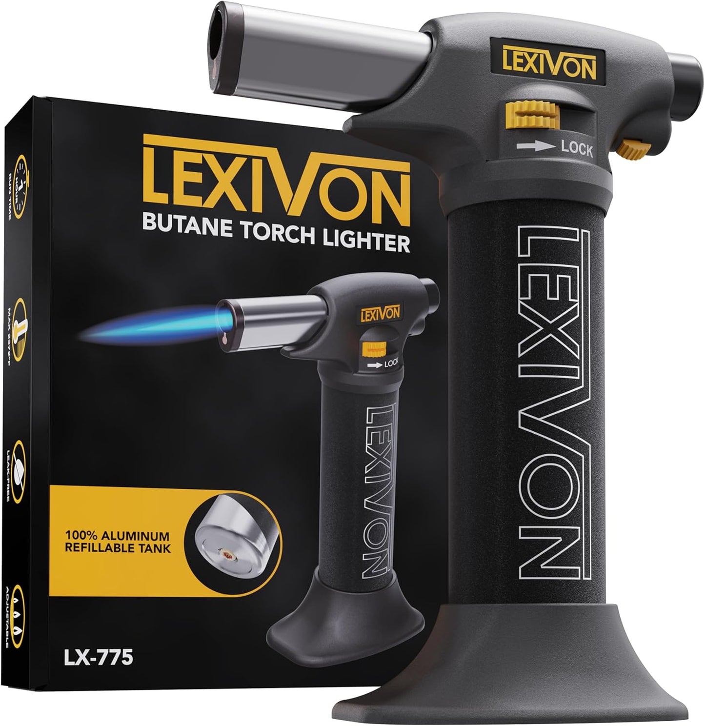 LEXIVON Butane Torch Lighter - Refillable Kitchen Cooking Torch with Safety Lock & Adjustable Flame | Pro-Grade Aluminum Tank (LX-775)