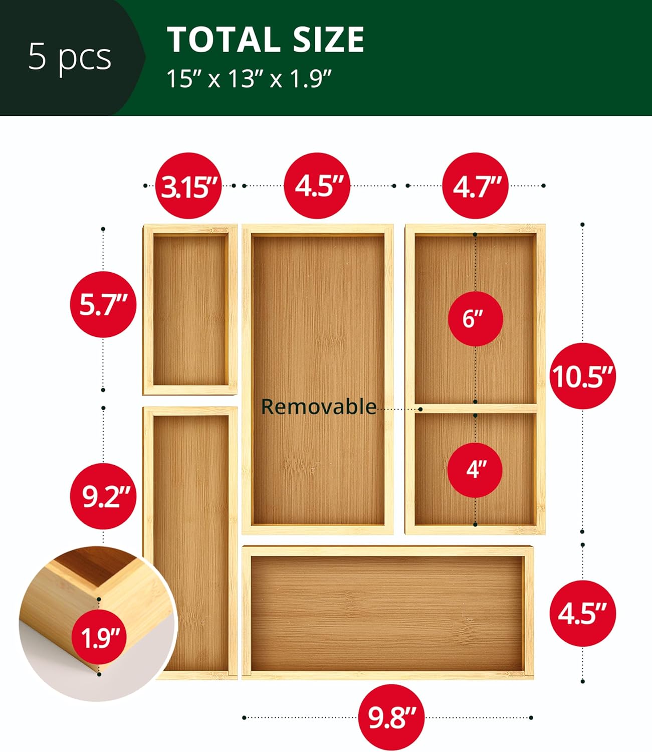 Royal Craft Wood 5-Piece Bamboo Drawer Organizer Set - Versatile Storage Trays for Kitchen, Bathroom & Office