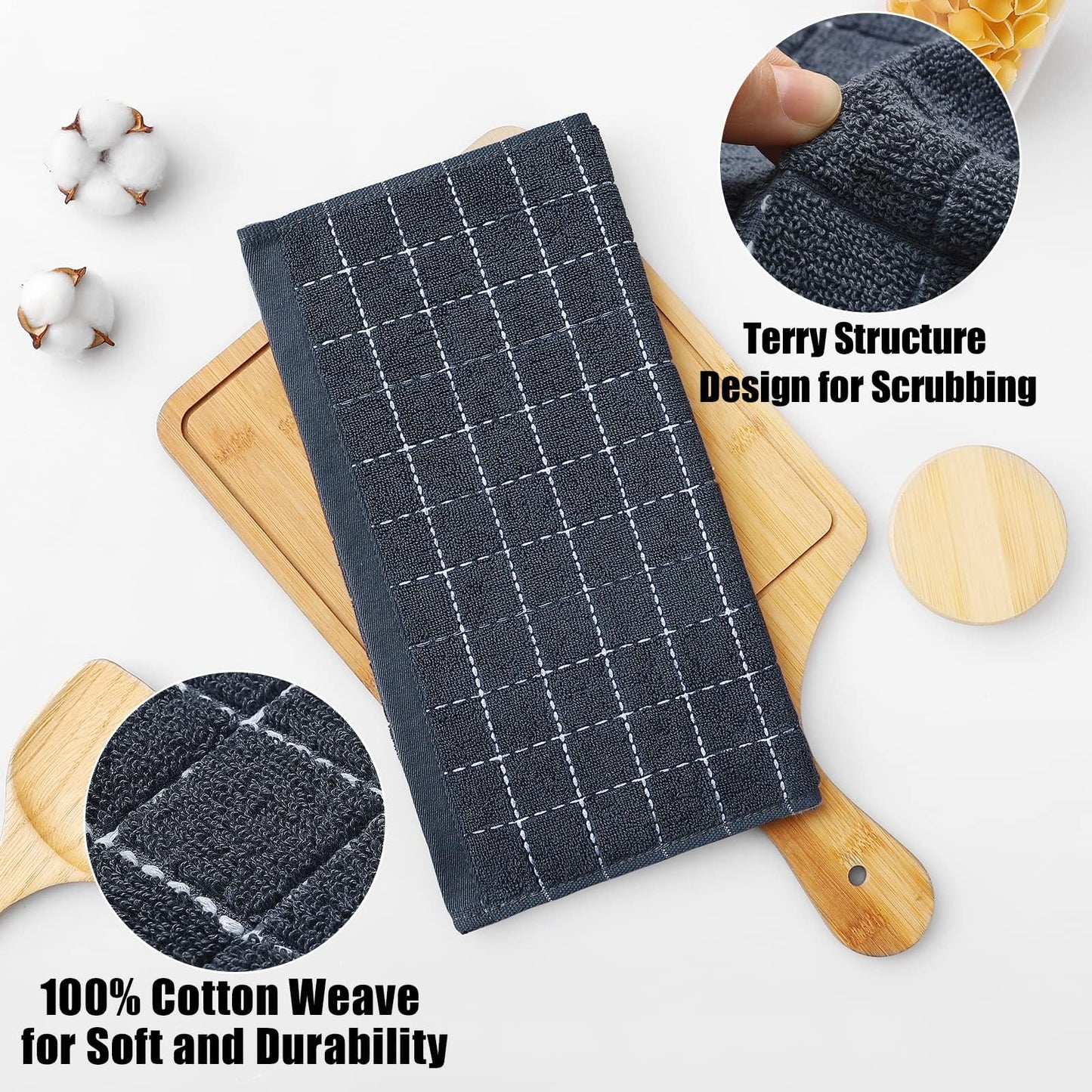 Homaxy 100% Cotton Terry Kitchen Dish Cloths, Ultra Soft and Absorbent Dish Towels for Kitchen, Suitable for Drying and Washing Dishes, 18 Pack, 12 x 12 Inches, Dark Grey