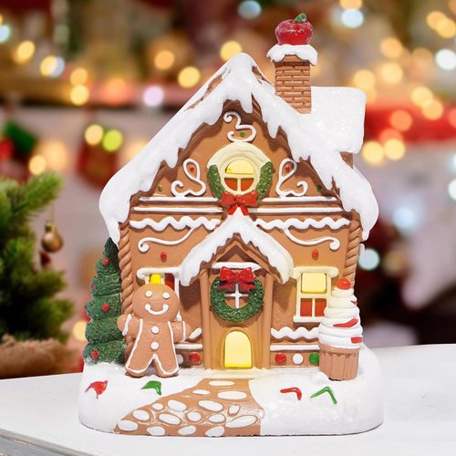 Hodao Gingerbread House Decoration | Handmade Polyresin Xmas Figurine for Winter Decor (Brown)