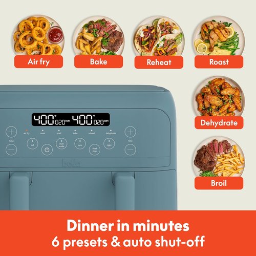 Bella 4 Qt TriZone Air Fryer - EverGood™ Ceramic Nonstick Coating, Dual Basket Design, Digital Touchscreen | 1200 Watt, Surf Color