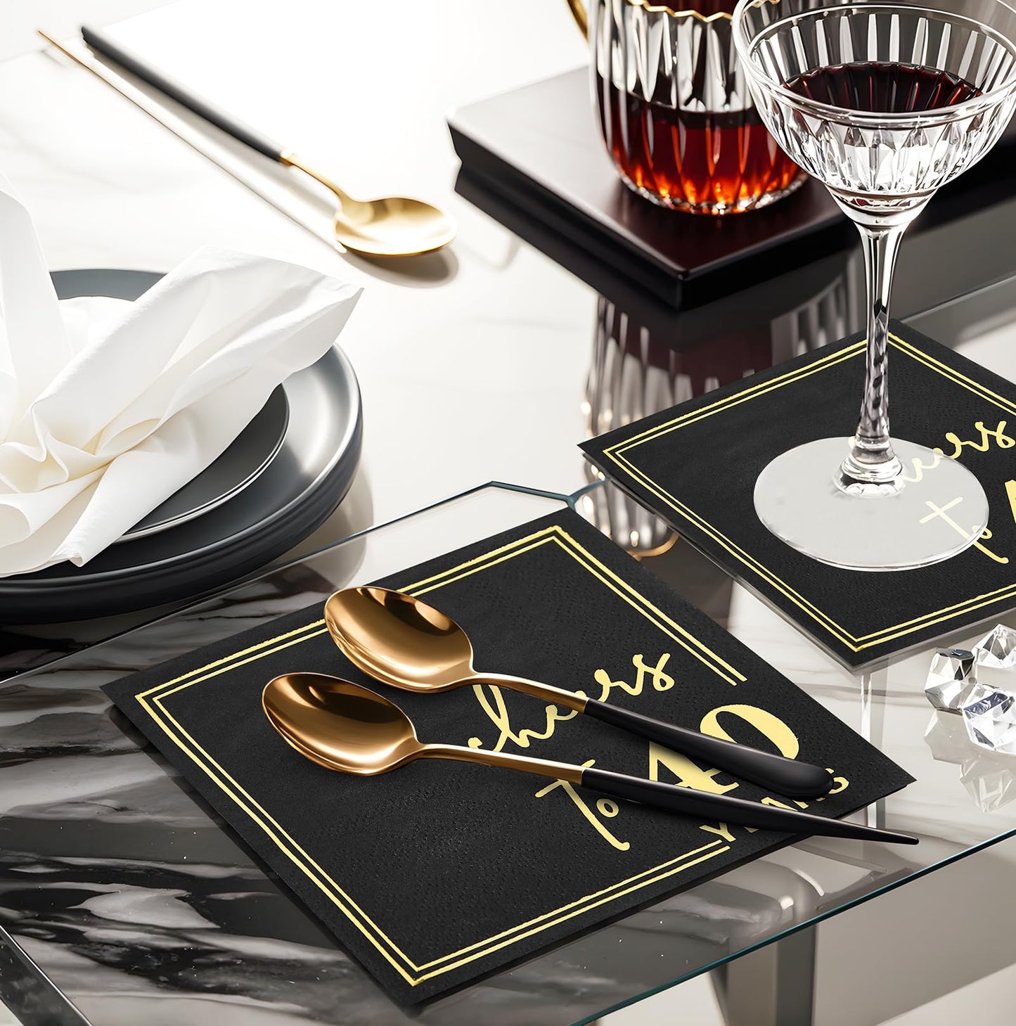 Ottin Black Cheers to 40 Years Cocktail Napkins, 5x5 Inches, 50 Counts, 3-Ply Disposable Gold Foil Party Napkins for 40th Birthdays Decorations, Anniversaries, Weddings