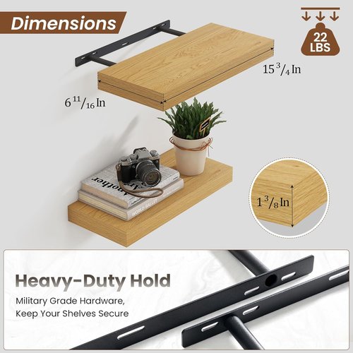 Heimlove Floating Wall Shelves - 16 Inch Oak Wood Shelves for Bathroom, Living Room & Office | Set of 2