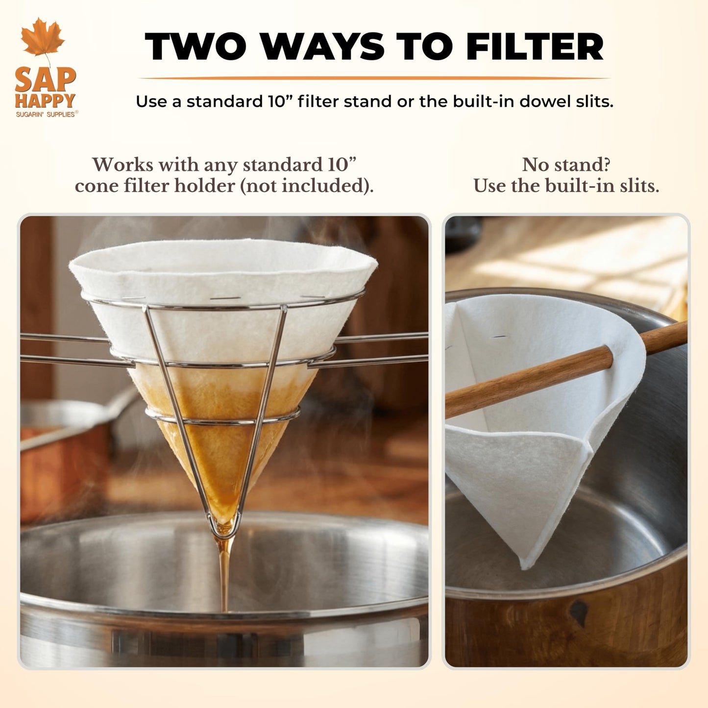 SAP HAPPY Maple Syrup Filter Kit — Orlon Cone Filter & 5 Pre Filters for Finishing Maple Sap, Reusable Heavy-Duty Synthetic Strainer Set, Removes Sugar Sand & Niter, Includes How-To Guide