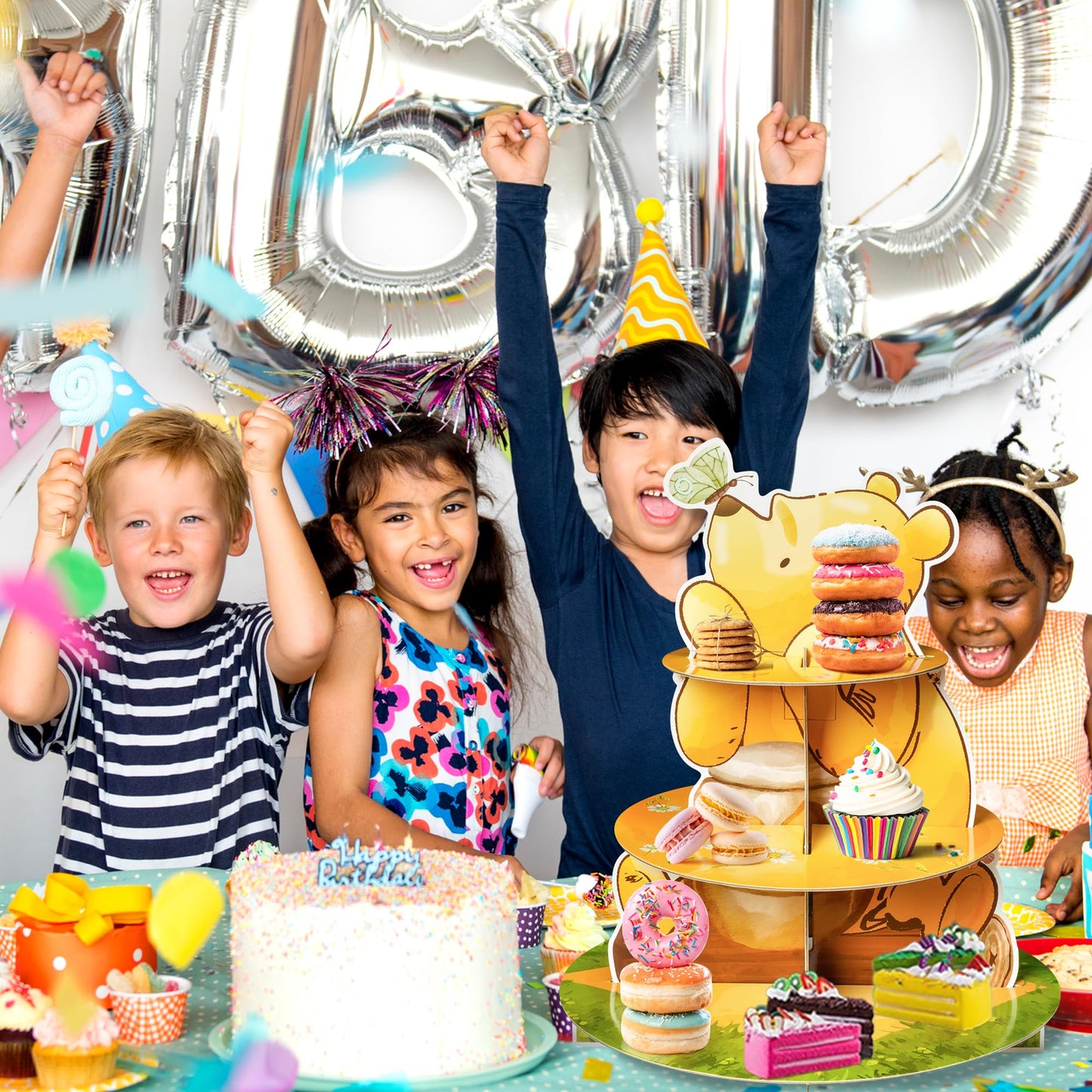 Z1juce Winnie Themed Cupcake Stand - 3 Tier Winnie Party Dessert Holder Bear Theme Cardboard Cake Stand for Birthday Party Decorations Bear Cupcake Display for Boys Girls Baby Shower Party Supplies