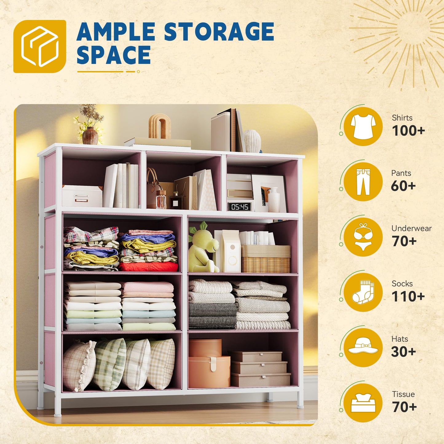 DWVO Dresser with 9 Drawers, Fabric Storage Dresser, Closet Dresser & Chest of Drawers for Living Room, Closets - Sturdy Steel Frame, Wooden Top & Easy Pull Fabric Bins(Pink)