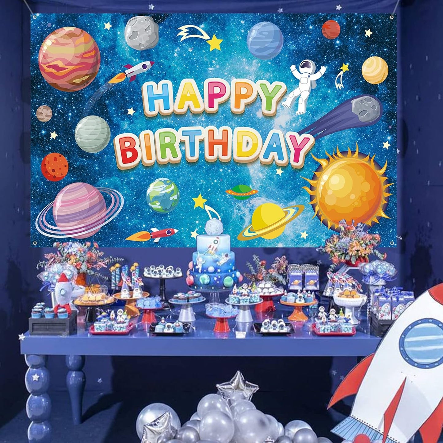 Space Happy Birthday Backdrop Banner - Large Blue Astronaut Decorations for Kids' Galaxy Theme Party