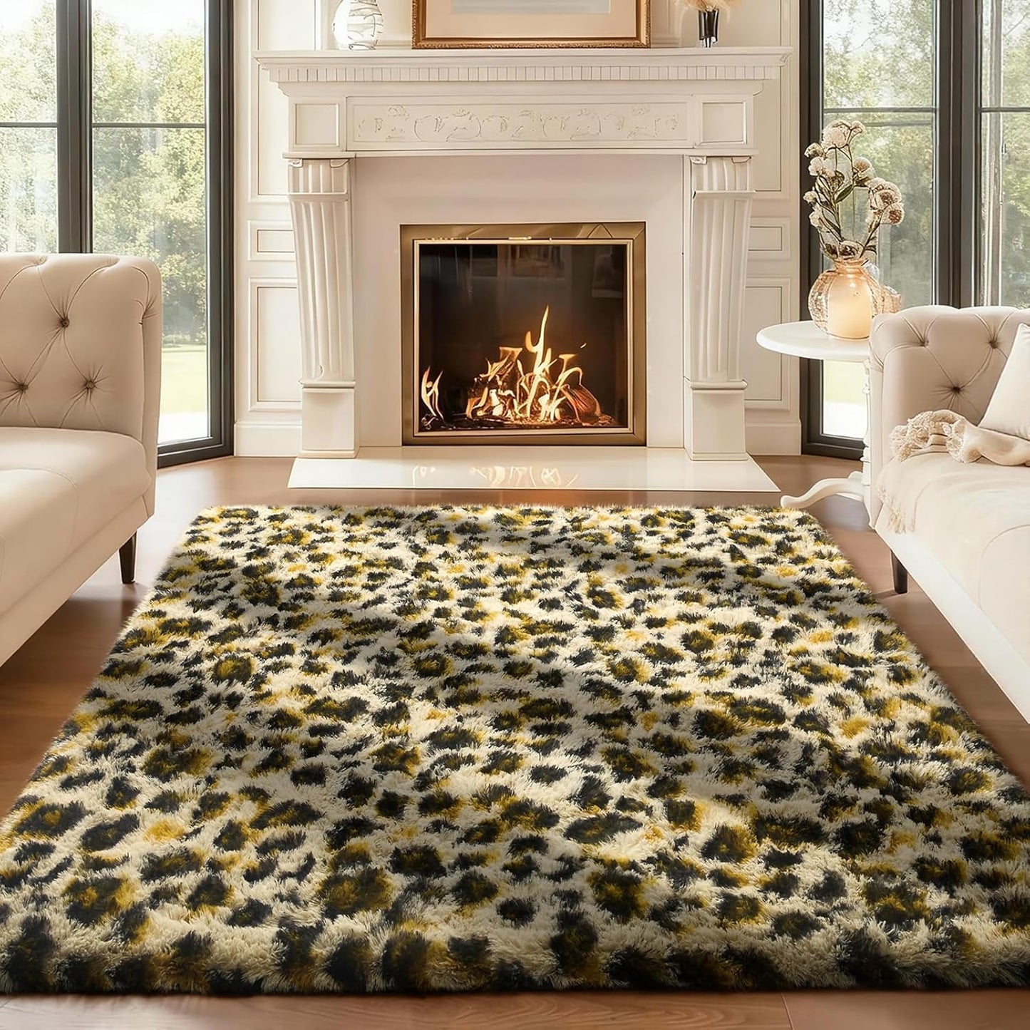 Ophanie Leopard Print Rug - Fluffy Shaggy Soft Throw for Bedroom & Living Room | Large 4x6 Cheetah Design