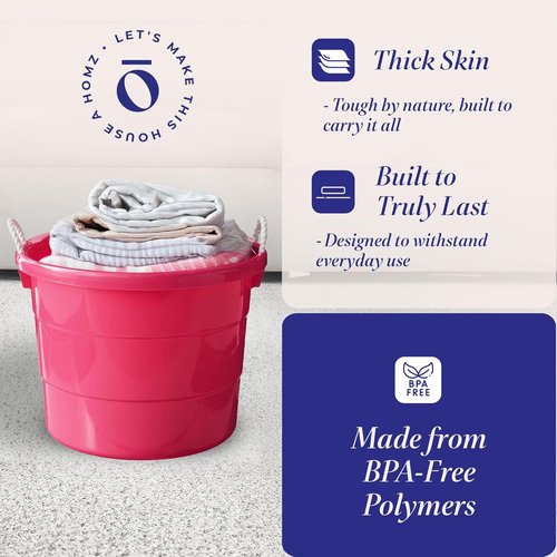 HOMZ Utility Tub - 18 Gallon Large Plastic Storage Bucket with Rope Handles | Pink for Indoor & Outdoor Use