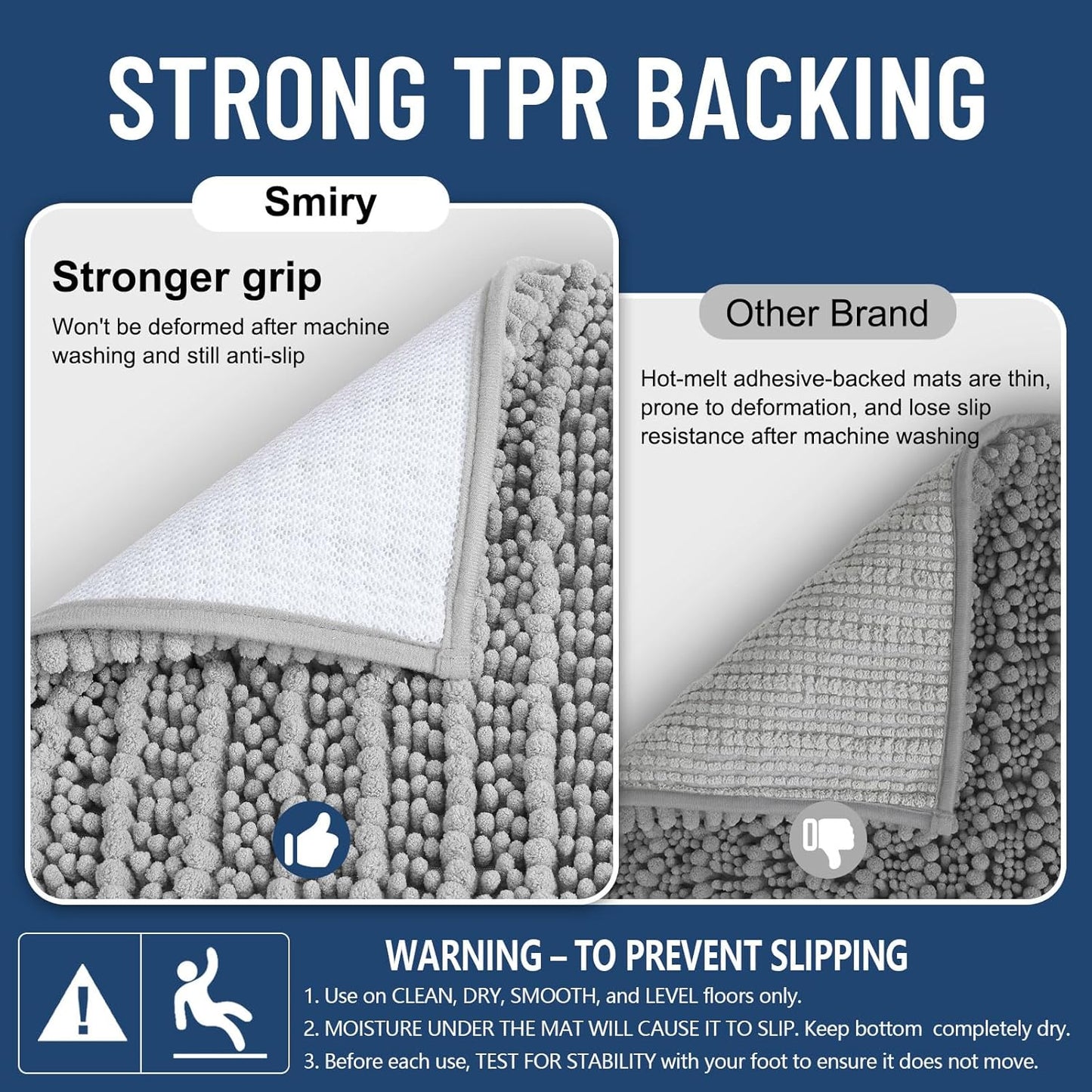Smiry Bathroom Rugs - Extra Soft Chenille Bath Mat with Non-Slip Backing | 24x16 Light Grey