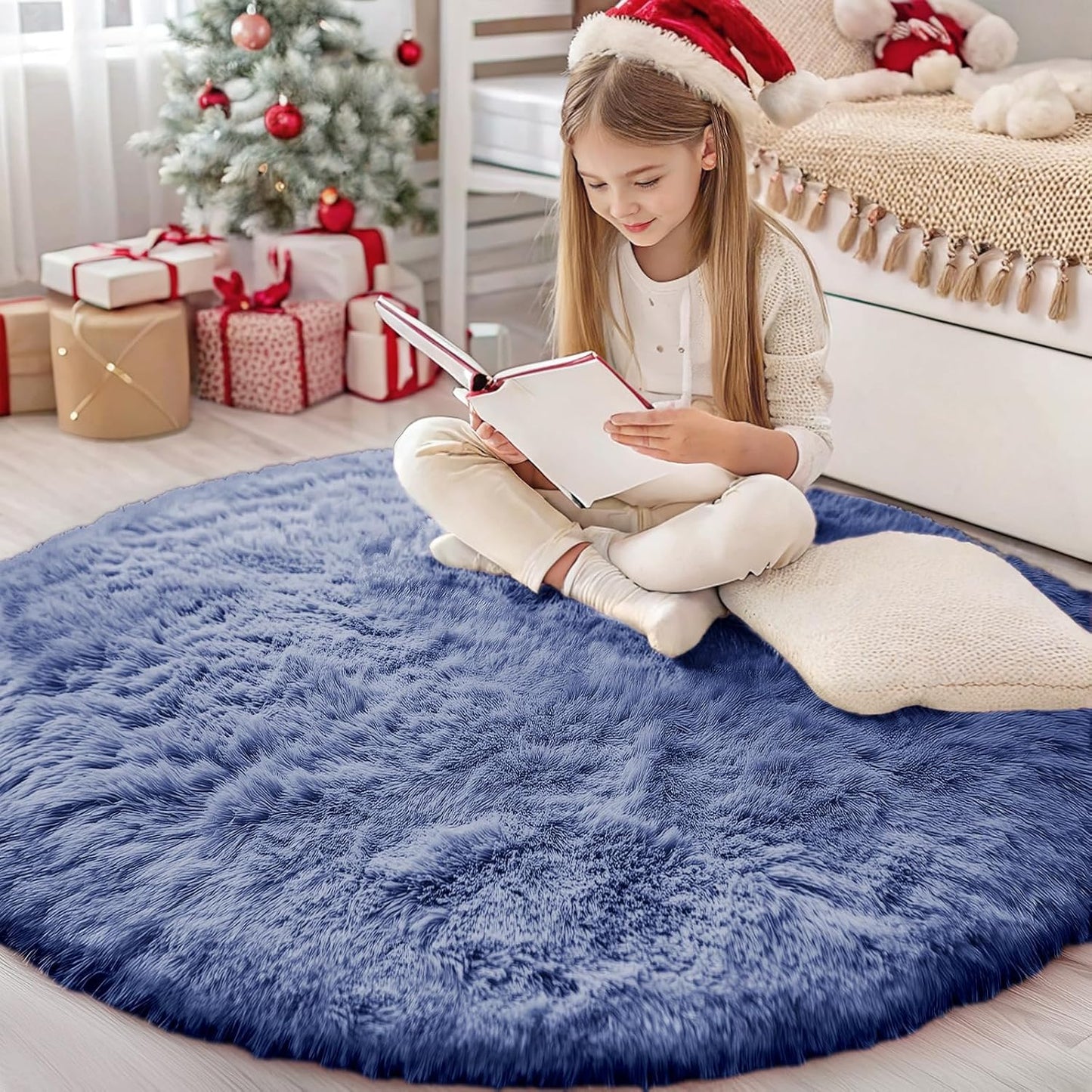 OLANLY Denim Blue Round Rug - Soft, Fluffy Shaggy Carpet | 4 ft Machine Washable Area Rug for Bedroom & Living Room