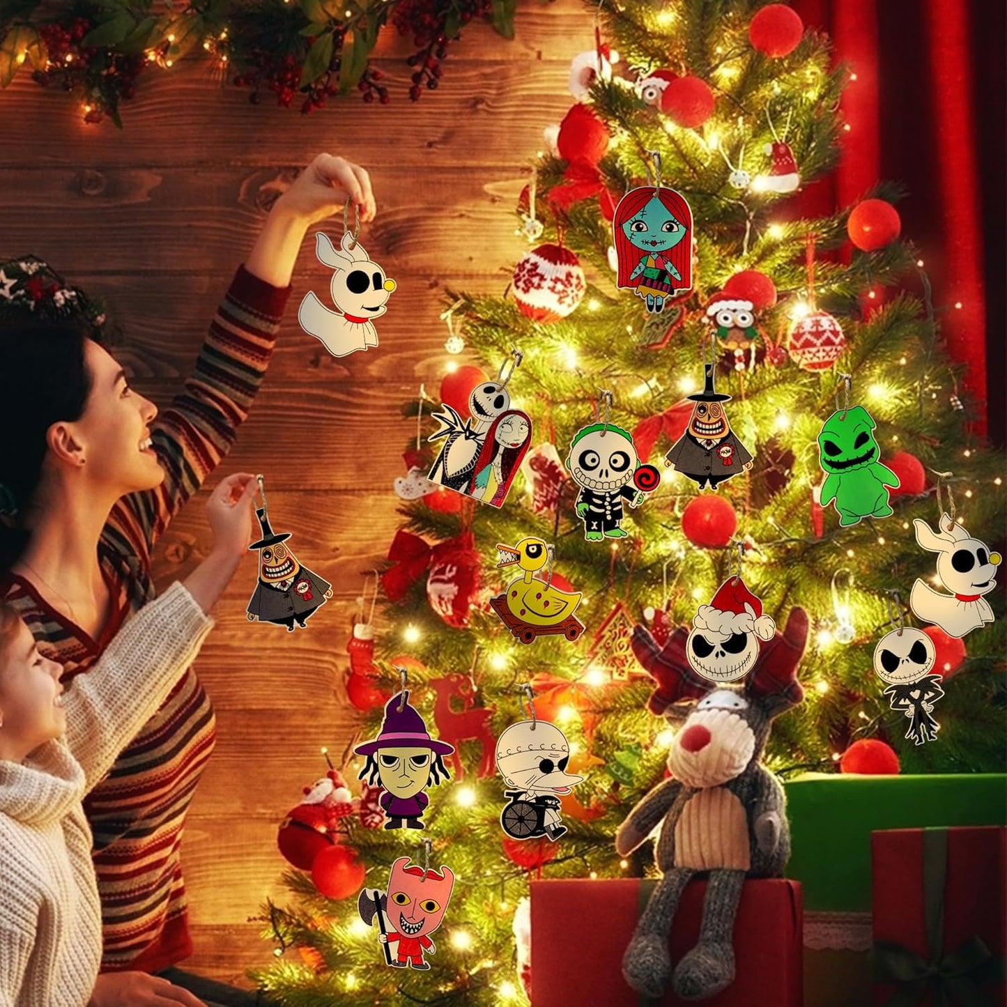 Skiennix 36 PCS Halloween & Christmas Night-Mare Ornaments - Wooden Hanging Decorations for Home Decor