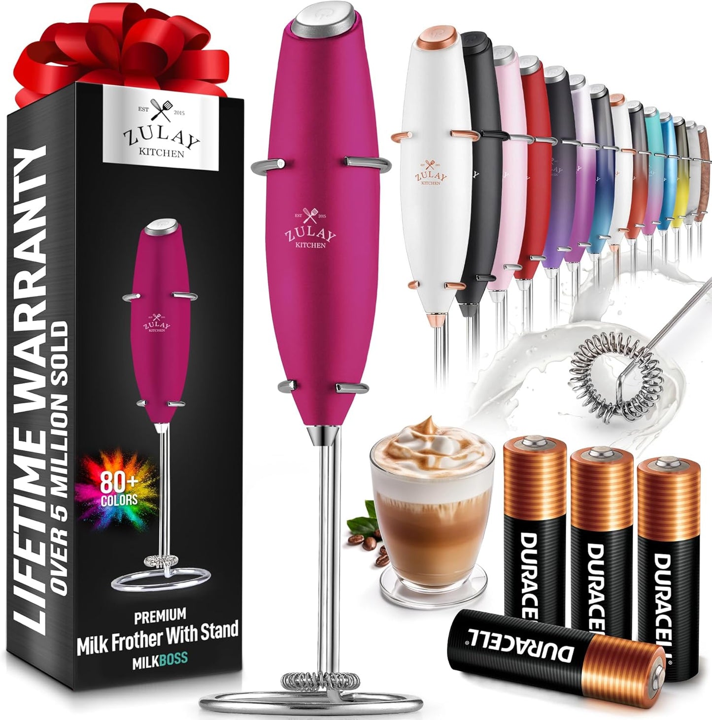 Zulay Kitchen Milk Frother Wand - Ultra Fast Electric Whisk for Coffee & Lattes - Includes 4 AA Batteries - Dragonfruit