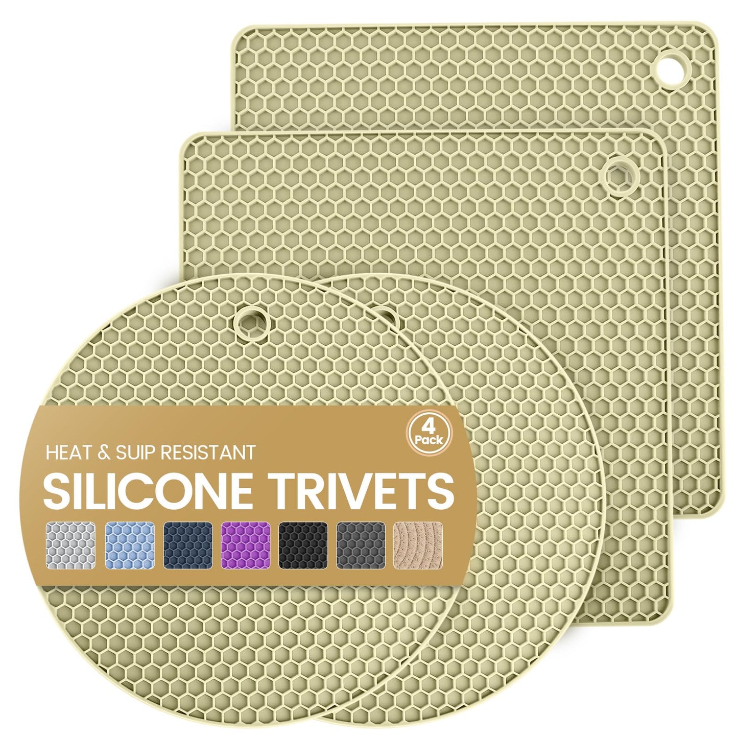 Silicone Trivet Mats 4 Heat Resistant Pot Holders Multipurpose Non-Slip Hot Pads for Kitchen Potholders, Drying mat, Jar Opener, Spoon Holder, Coaster(Nordic Rice)