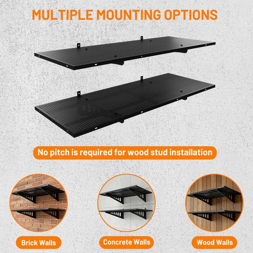 Garage Wall Shelving by [Brand Name] - 1.5x4ft Heavy-Duty Metal Rack | 500 Lbs Capacity, Complete Install Kit & Hooks, Black