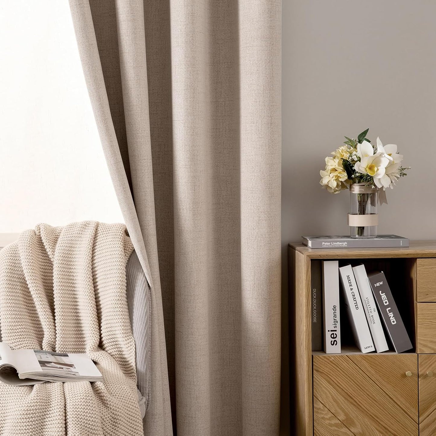 MIULEE Blackout Linen Textured Curtains - Thermal Insulated Natural Beige Drapes | 52 x 80 Inch (2 Panels)