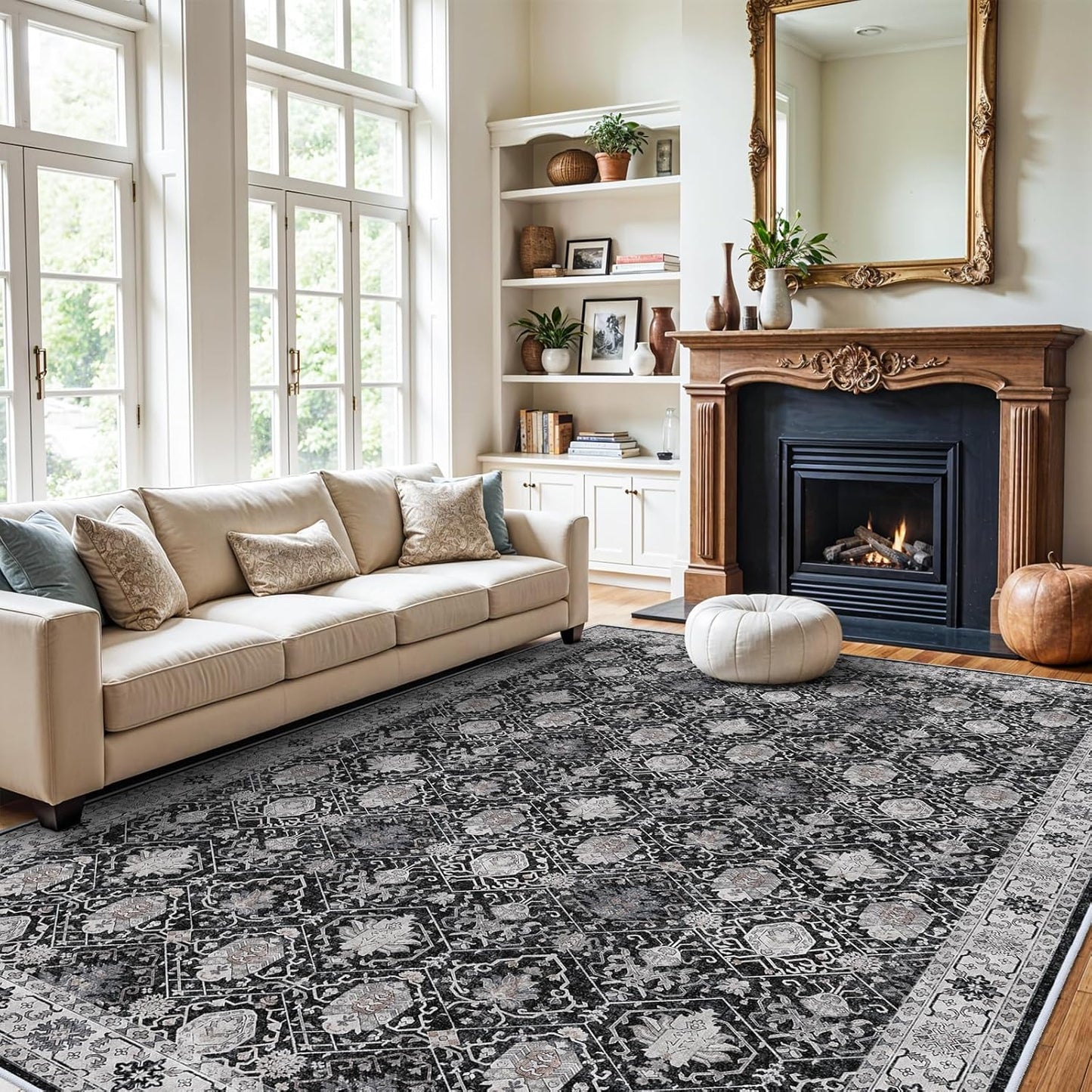 Skiennix Washable Large Area Rug - Ultra Soft Non-Slip Carpet for Living Room | 9x12 Black Distressed Design