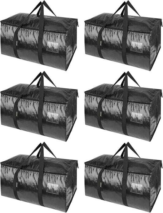 BALEINE 6-Pack Heavy-Duty Oversized Moving Bags - Reinforced Handles for Clothes Storage (Black)