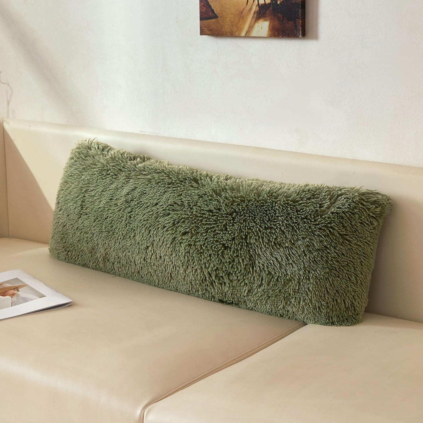 XeGe Fluffy Faux Fur Lumbar Pillow Cover - Cozy Moss Green Shaggy Design with Zipper | 14x36 Inches