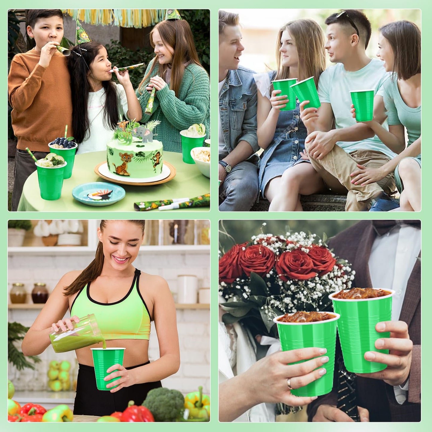Dualshine 100 Pack Green Plastic Cups 18 oz, Disposable Heavy Duty Drinking Cups for St Patrick's Day, Graduation Cup for Christmas Wedding Birthday Beer Taste Serving Snack Sample Tastings Barbecues