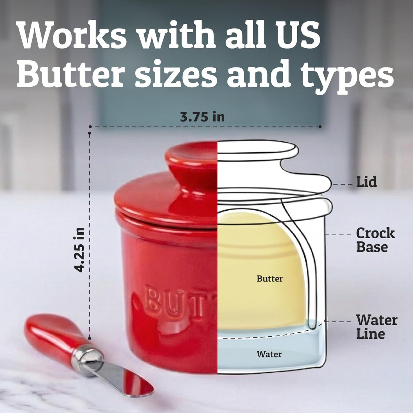 PriorityChef Butter Crock - Ceramic French Butter Dish with Lid & Water Line | Red Color