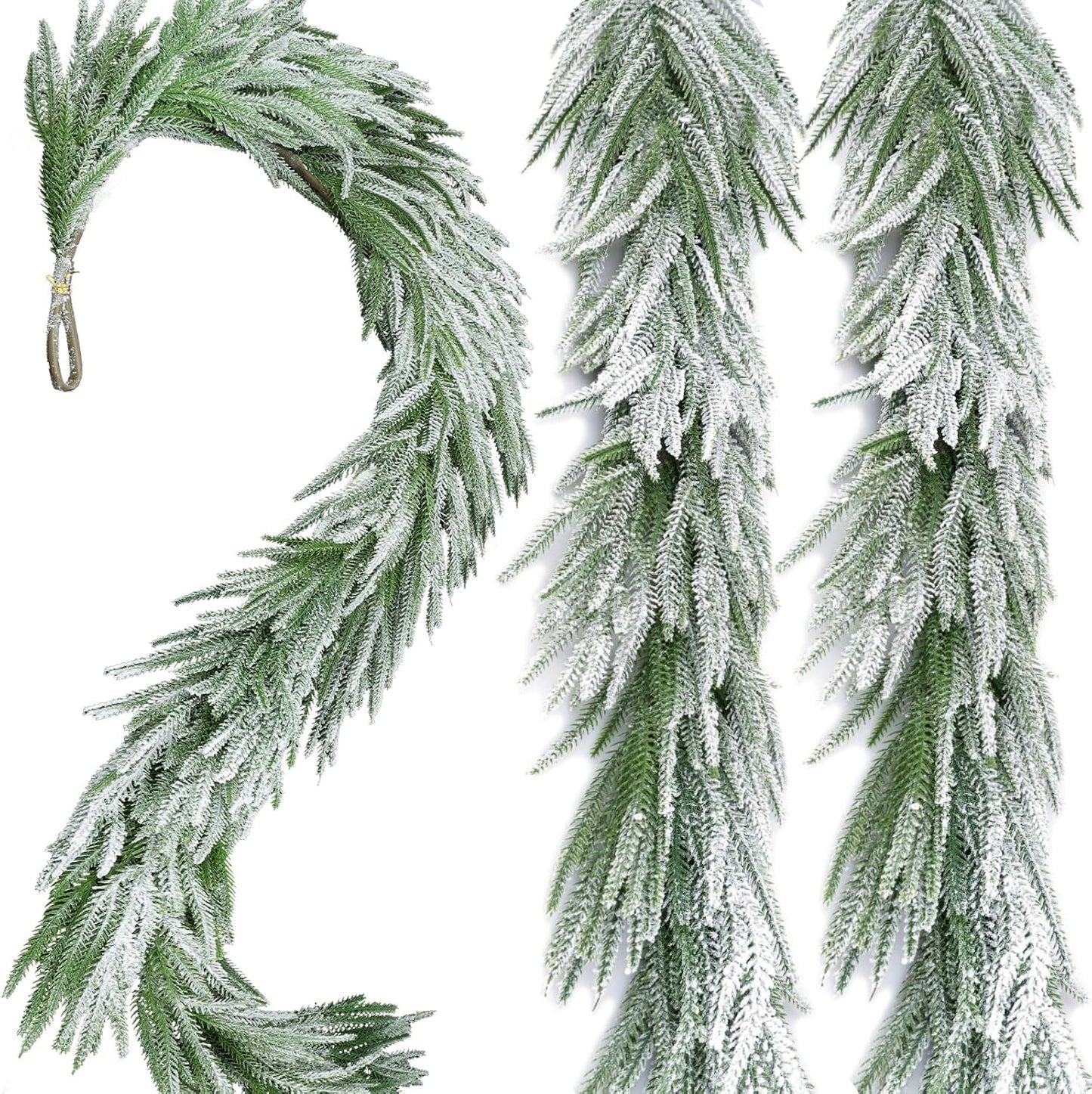 Snow Flocked Norfolk Pine Garlands, 108 Inch Real Touch Winter Pine Garland, Green Artificial Greenery Garland for Table, Mantle, Wall, Indoor, Outdoor Christmas Decorations