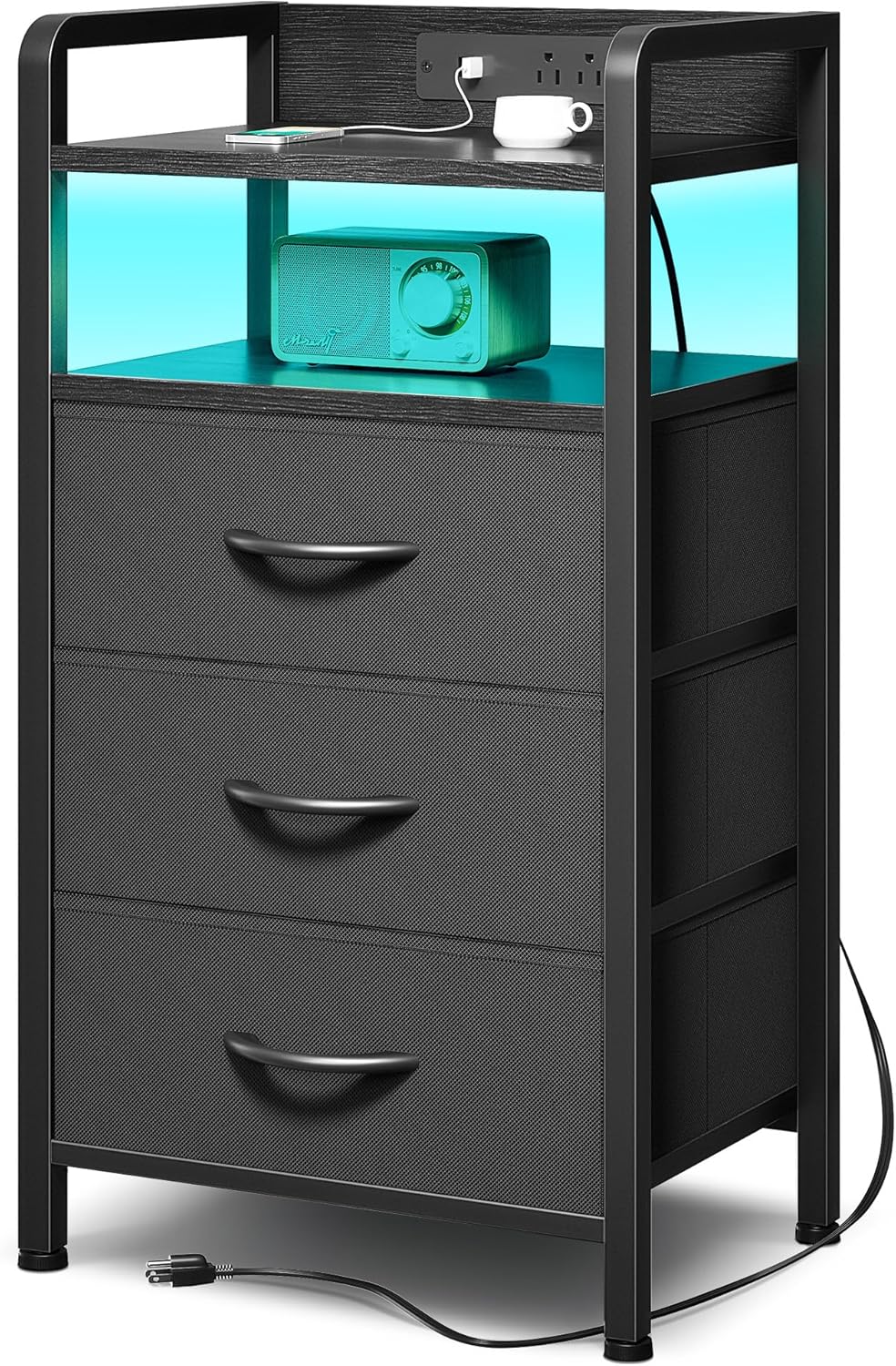 Lazzanto Night Stand | Modern Bedside Charger with LED Light Strip & Storage Drawers - USB Ports & AC Outlets