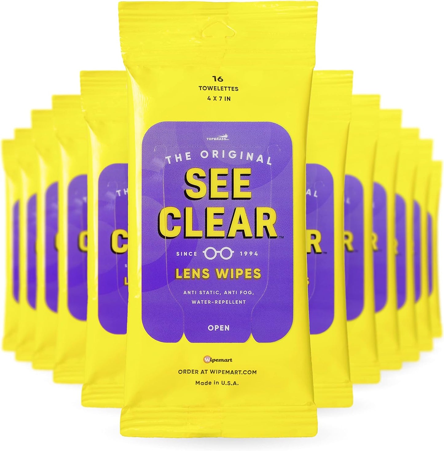 See Clear Lens Cleaning Wipes - Streak-Free Pre-Moistened Towelettes for Eyeglasses & Screens | 192 Wipes in 12 Resealable Packs