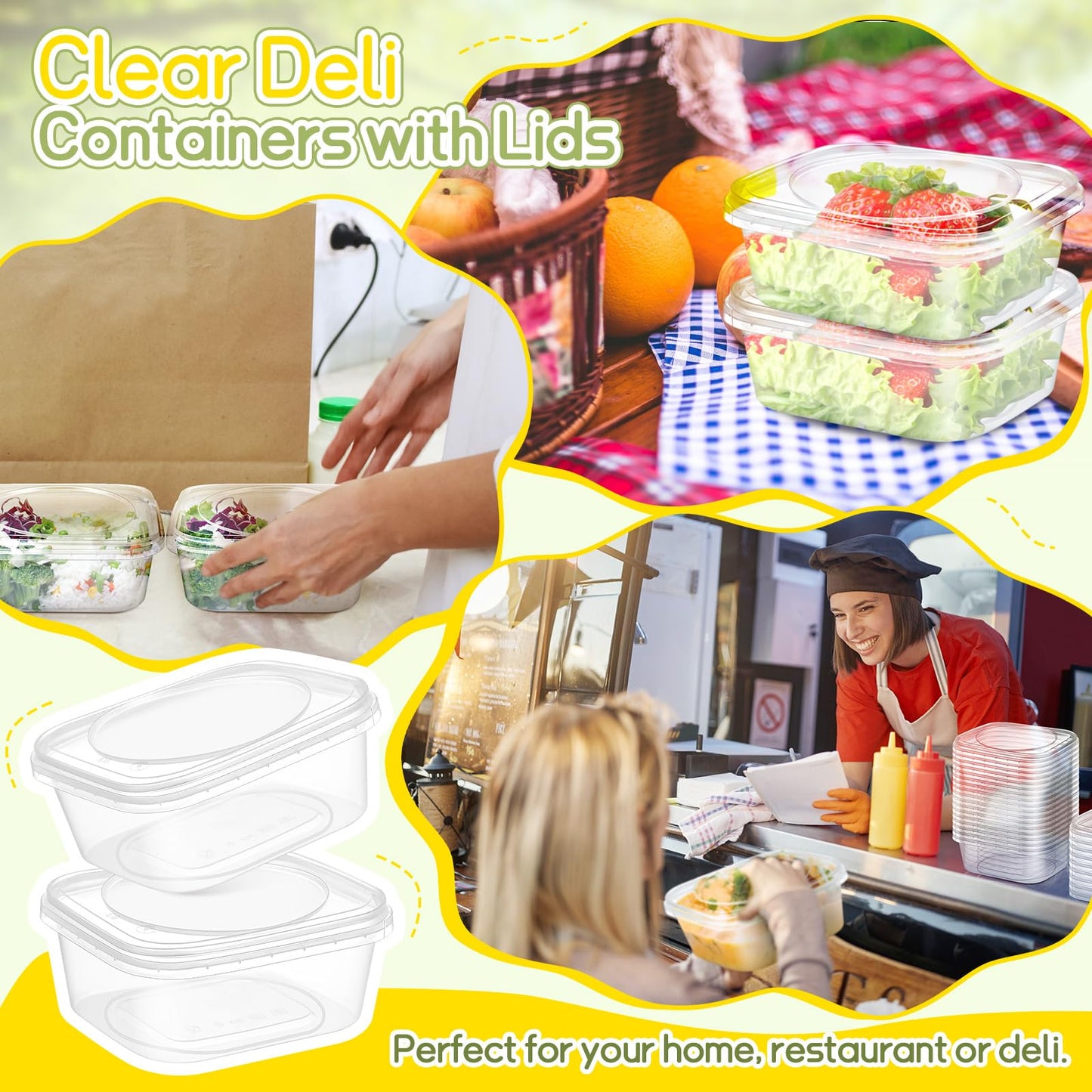Yiyiring 50 Pack 16 oz Tamper Proof Clear Deli Containers with Lid Disposable Square Plastic Deli Sandwich Tiramisu Airtight Meal Container for Refrigerator Dishwasher Microwave Take out Kitchen