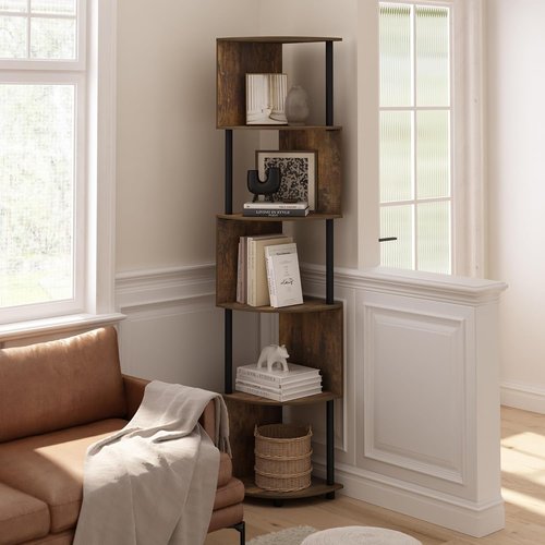 Furinno ECON Corner Shelf - 5-Tier Zigzag Bookshelf for Stylish Storage | Amber Pine Finish