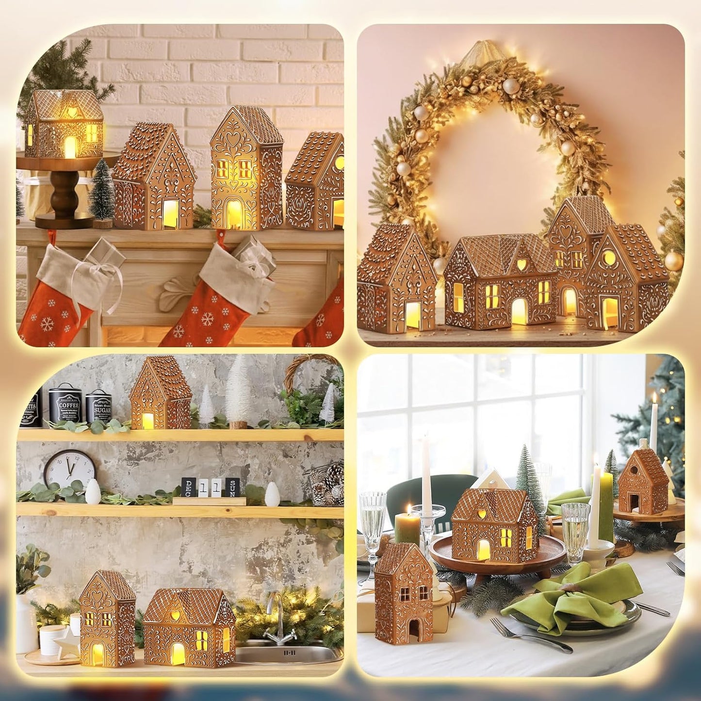 Thyle Christmas Gingerbread House Decoration - 4 Pcs LED Lighted Resin Village Figurines for Holiday Decor