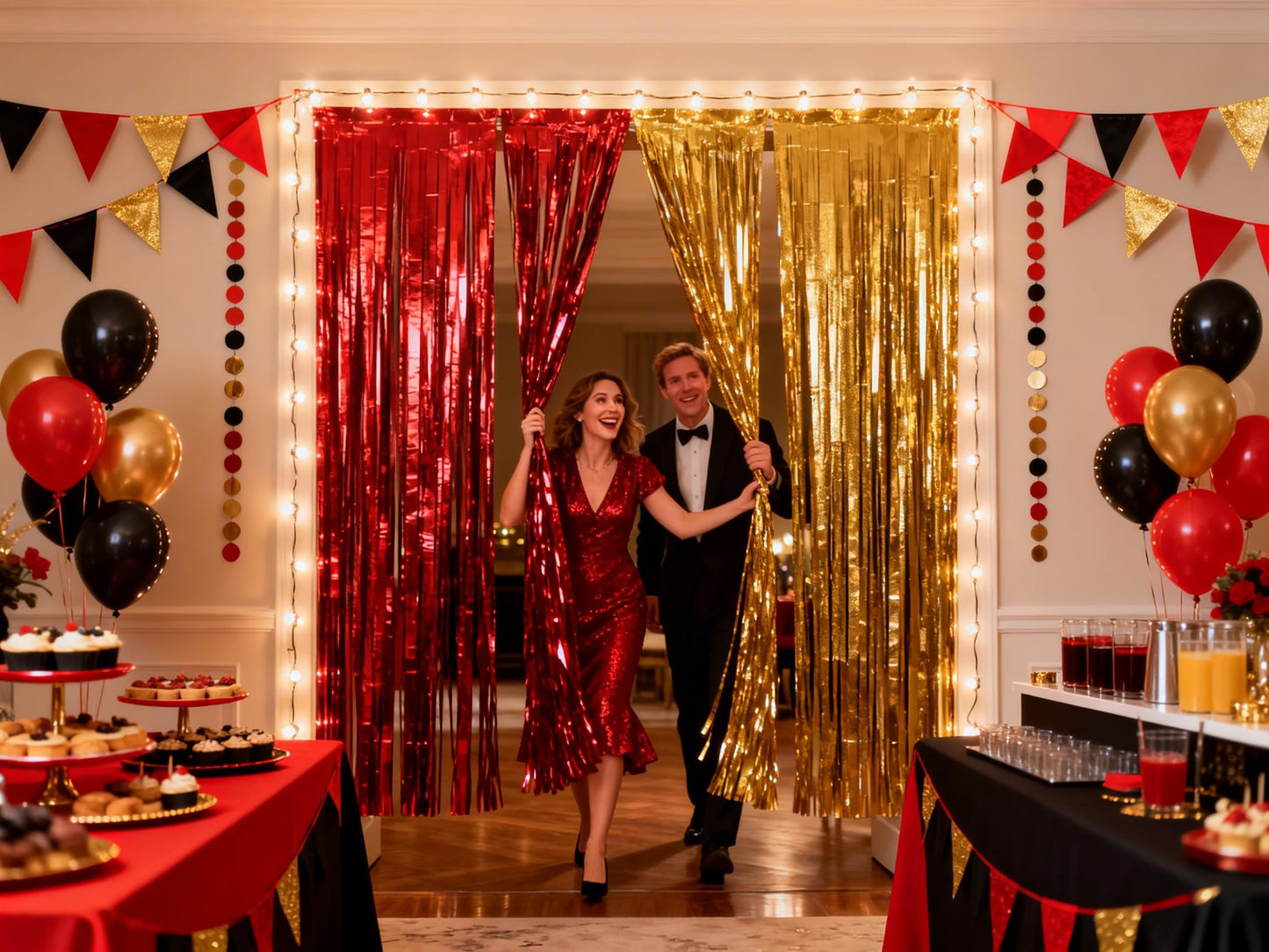 3 Packs Red Gold Foil Fringe Curtains Extra Wide 9.9ft for Birthday Party Tinsel Backdrop Movie Night Decor Farewell Party Streamer,Retirement Decorations, Backdrop for Graduations Each 3.3 x 6.5 ft